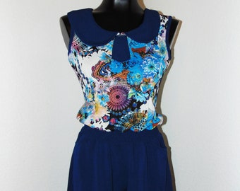 Vintage 1960s Floral Navy Shorts Romper in sz Small