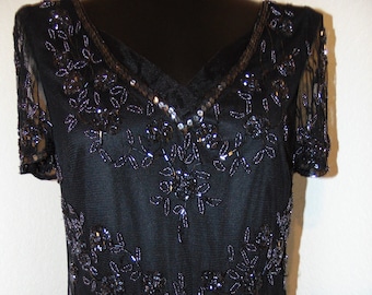 Vintage 1980s Gorgeous Black Beaded dress in size Medium