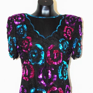 Vintage 1980s Beautiful Floral Sequin Design Blouse by Leslie Fay in sz Small image 1