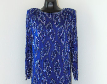 Vintage 1980s Gorgeous Royal Blue Sequined Dress in size Small