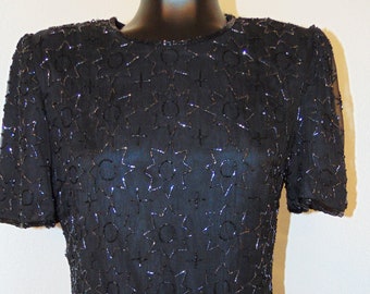 Vintage 1980s Black Beaded Dress by JMC in sz PL