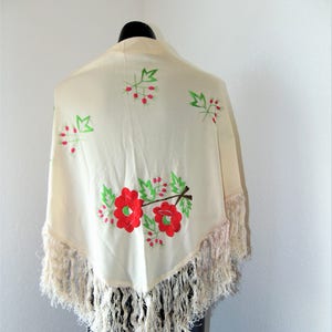 Vintage Fringed Shawl with Beautiful Floral Embroidery