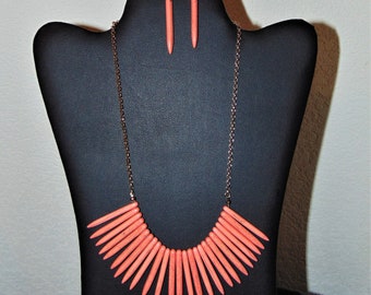 Vintage 1980s Bib Design Orange Bead Necklace with earrings