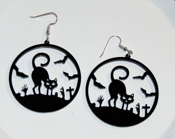 Spooky Cat in Graveyard Design Earrings