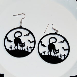 Spooky Cat in Graveyard Design Earrings