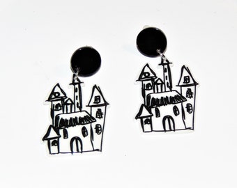 Spooky Haunted Castle Drawing Design Dangle Earrings...Super Cute!