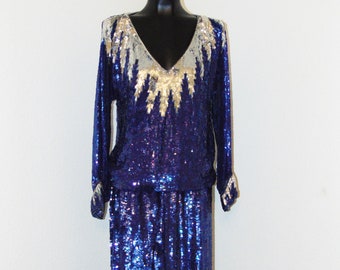 Vintage 1980s Royal Blue Sequin Design Blouse & Skirt in sz M