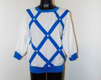 Vintage 1980s Blue striped Design Blouse by DK Gold in sz M