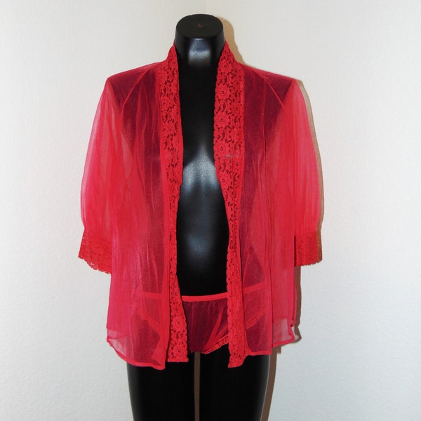 Vintage 1960s Red Nylon & Lace design Capelet with matching Panties- sz S