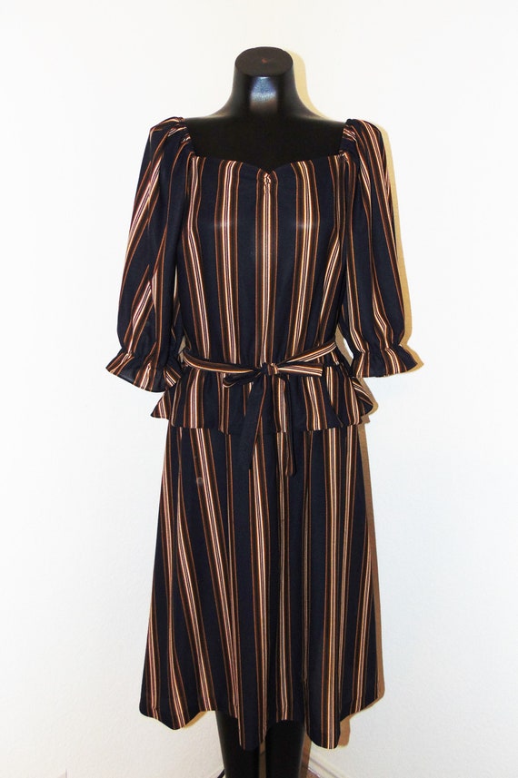 Vintage 1970s Striped Navy Peplum Dress with 3/4 s