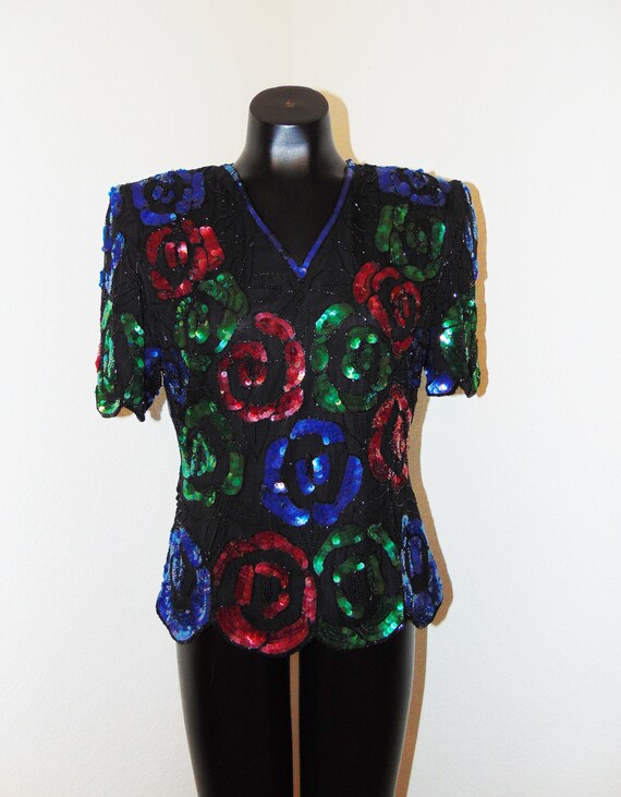 Vintage 1980s Beaded & Sequined Blouse in sz M