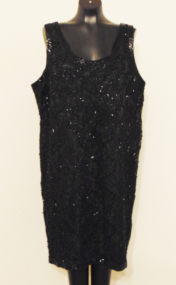 Vintage 1980s Gorgeous Black Beaded Dress in sz 2X