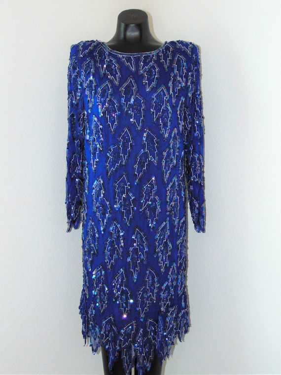 Vintage 1980s Gorgeous Royal Blue Sequined Dress … - image 1