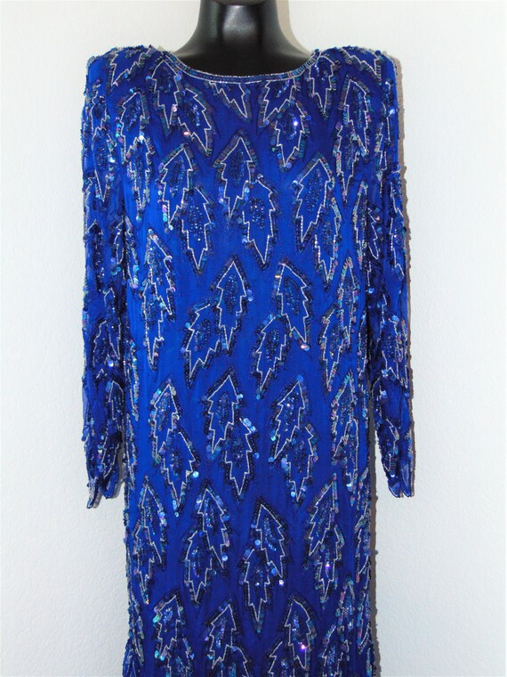 Vintage 1980s Gorgeous Royal Blue Sequined Dress … - image 3