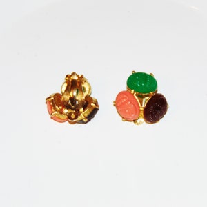 Vintage Colorful Gold Tone Scarab Clip On Earrings Pat no. 156452 image 2
