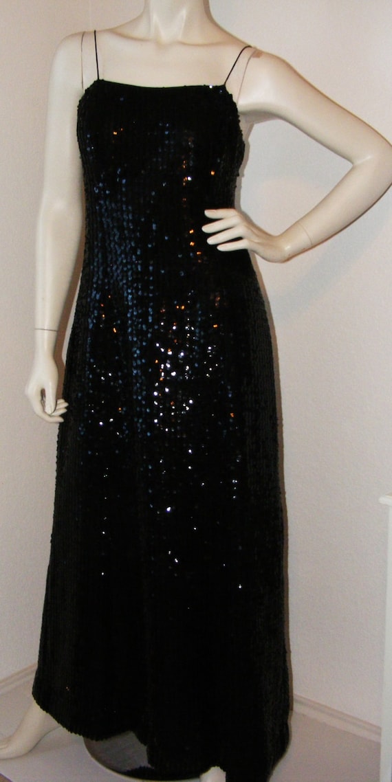 Vintage 1980s Long Black Sequined dress- Miss Ell… - image 1