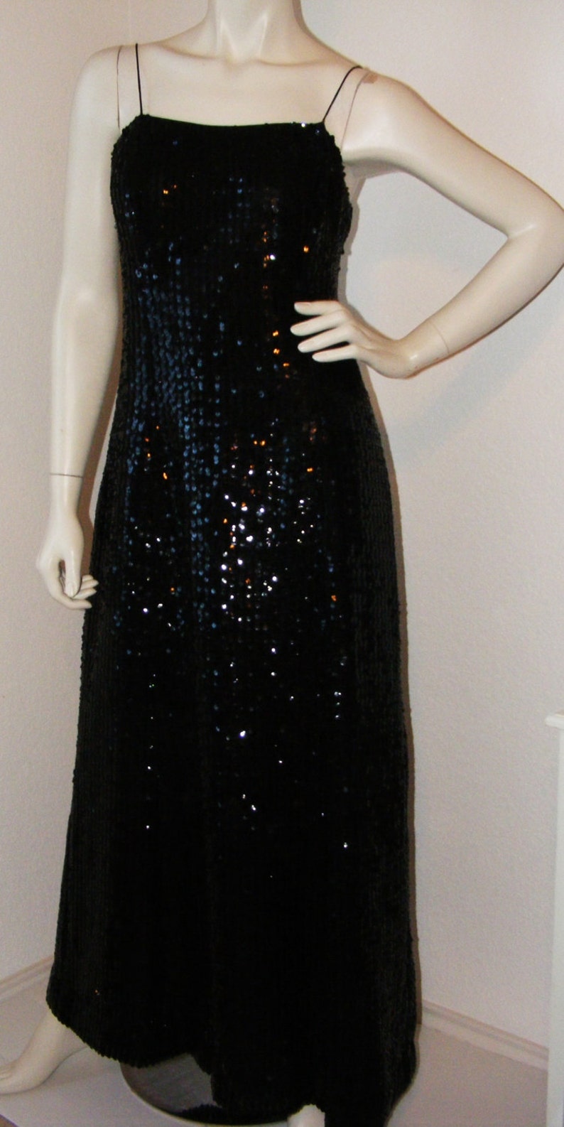 Vintage 1980s Long Black Sequined dress Miss Elliette of Calif. sz 12 w/ matching jacket image 1
