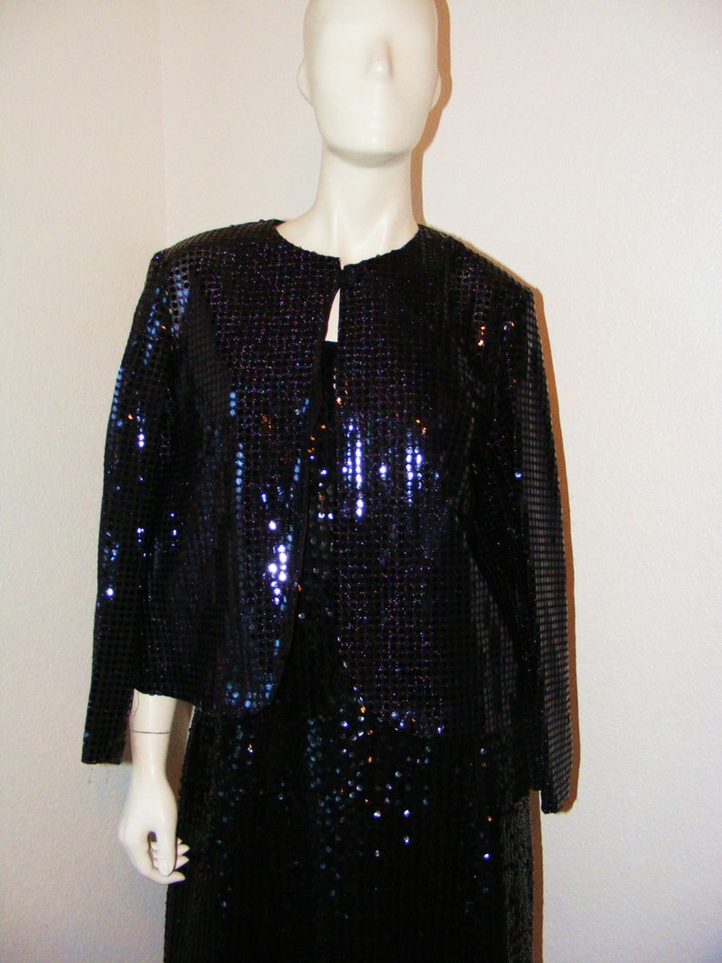 Vintage 1980s Long Black Sequined dress Miss Elliette of Calif. sz 12 w/ matching jacket image 3