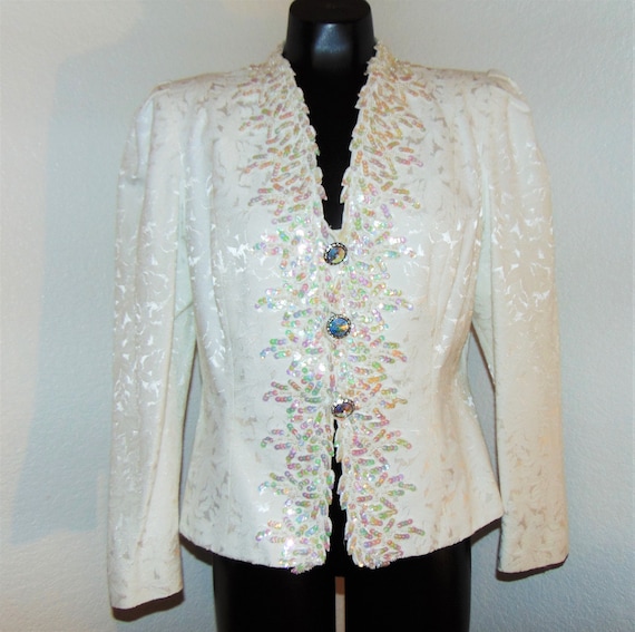 VTG 1980s White Flocked Design Top w/ Sequins and… - image 1