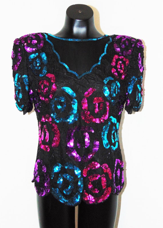 Vintage 1980s Beautiful Floral Sequin Design Blous