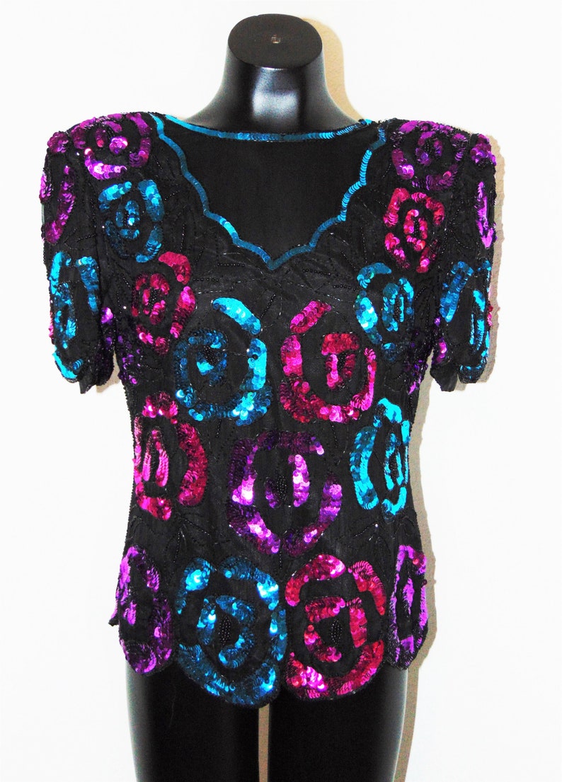 Vintage 1980s Beautiful Floral Sequin Design Blouse by Leslie Fay in sz Small image 1