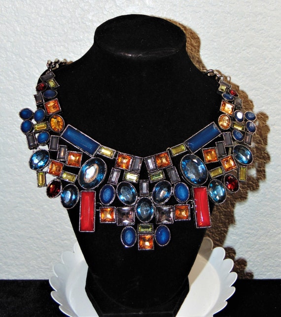 Multi Color Jeweled Bib Necklace - Etsy