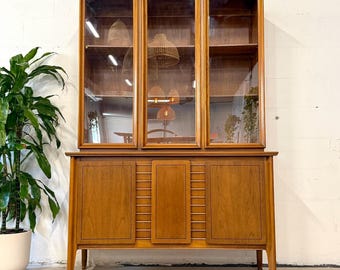 Mid-Century Walnut Glass Door Display/China Hutch - MCM Storage Cabinet/Credenza