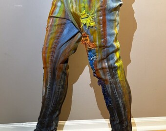 Rainbow Graffiti Splatter Paint Distressed Jeans