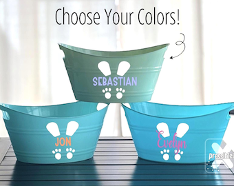 Easter Basket for Kids Egg Hunt Bucket Personalized Name Bunny Ears Light Blue Sage Teal Customized Bunny Basket for Boys or Girls