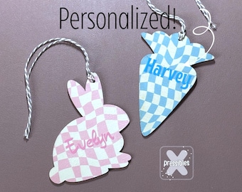 Easter Basket Tag With Name Personalized Wood Bunny Tag Egg Hunt Bucket Name Tag Easter Decor Checkered Basket Charm Wood Easter Carrot