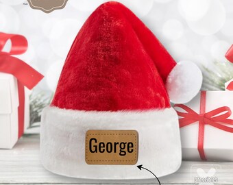 Personalized Santa Hat Custom Leather Hat Patch with Name Plush Christmas Hat for Adult Christmas Morning Christmas Beanie Holiday Party Hat