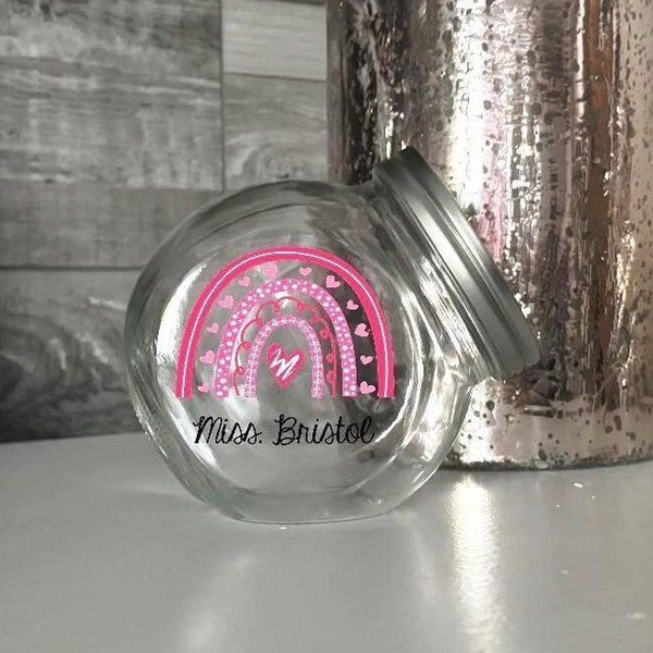 Personalized Candy Jar Boho Rainbow Valentine Candy Container Personalized Glass jar with Lid Desk Candy Jar Coworker Candy Teacher Desk Jar