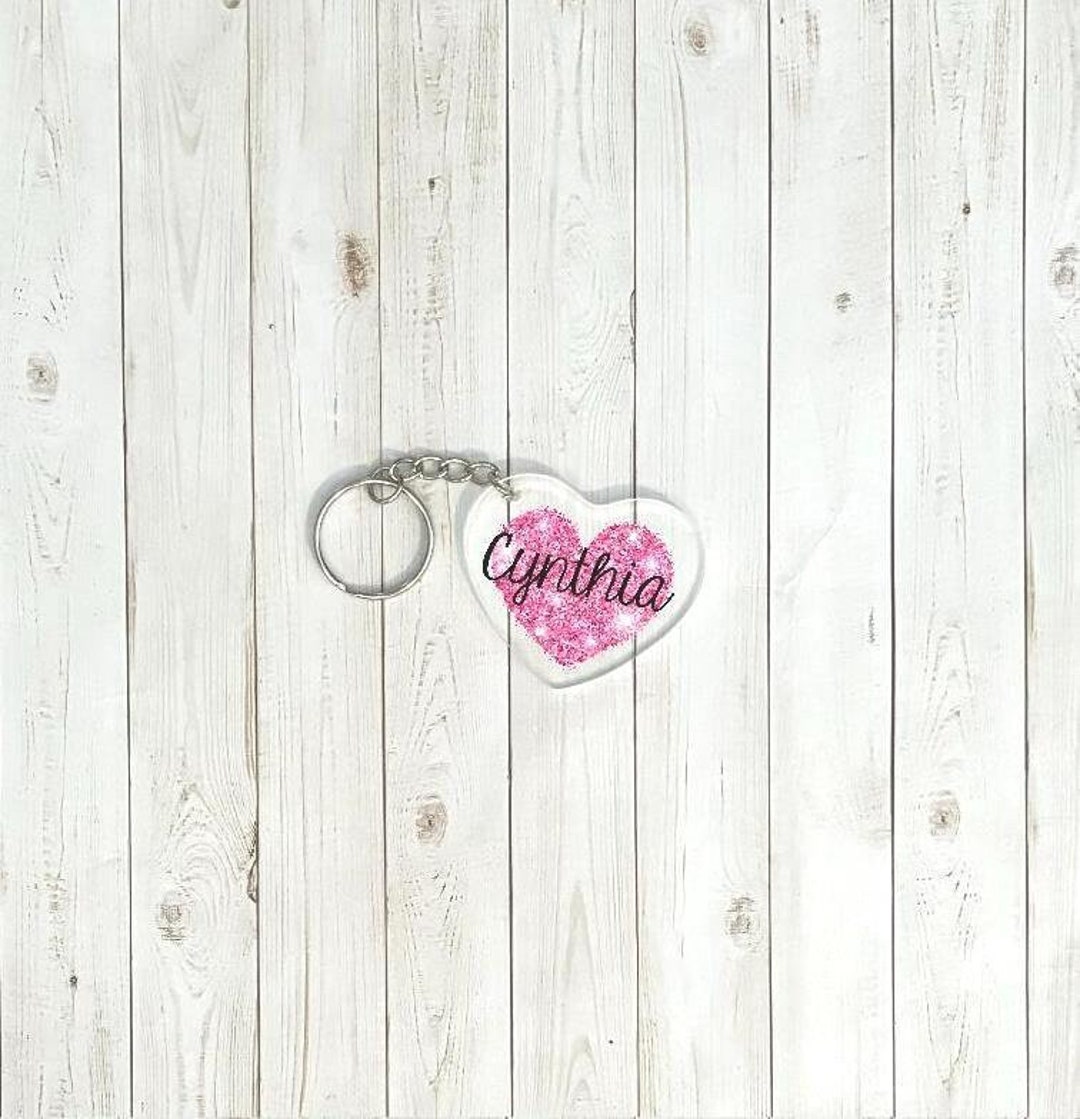 Pink Glitter Heart Personalized Key Chain Heart Keychain With Name for ...
