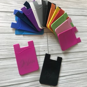 Billetera de silicona grabada con láser para teléfono móvil, bolsillo adhesivo para teléfono, tarjetero personalizado, nombre grabado, bolsillo para teléfono móvil