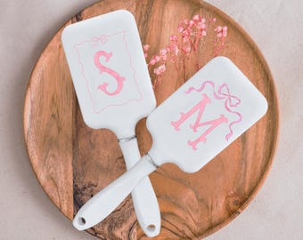 Personalized Grandmillennial Pink Coquette Initial Hair Brush White and Gold Paddle Brush Bridal Party Gift Party Favor Custom Name Brush