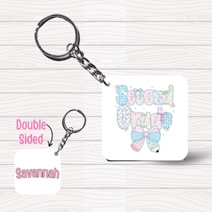 Grandmillennial Preppy Personalized School Bag Charm Custom Kids Name Bag Tag Backpack Tag Back to School Keychain Coquette Pink Bow 1st Day