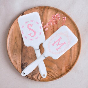 Custom Initial Hair Brush Personalized Grandmillennial Pink Coquette Brush White Paddle Brush Bridal Party Gift Party Favor Cheer Squad Gift