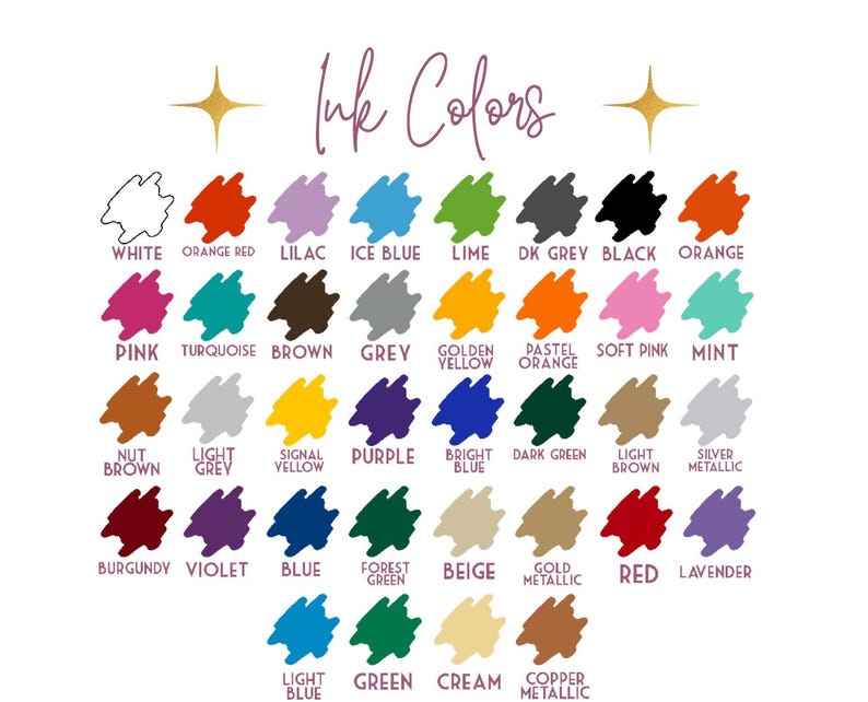 K&ouml;nnte beinhalten: Eine Farbkarte mit Tintenfarben und Namen f&uuml;r jede Farbe. Die Farben umfassen Wei&szlig;, Orange Rot, Lila, Eisblau, Limette, Dunkelgrau, Schwarz, Orange, Rosa, T&uuml;rkis, Braun, Grau, Goldgelb, Pastellorange, Rosa, Mint, Nussbraun, Hellgrau, Signalgelb, Lila, Hellblau, Dunkelgr&uuml;n, Hellbraun, Silber Metallic, Burgunderrot, Violett, Blau, Waldgr&uuml;n, Beige, Gold Metallic, Rot, Lavendel, Hellblau, Gr&uuml;n, Creme, Kupfer Metallic.