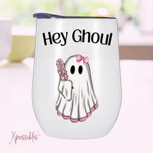 Pink Halloween Wine Tumbler Hey Ghoul Cute Pink Retro Ghost Halloween Tumbler Pink Aesthetic Iced Coffee Travel Tumbler Pinkoween Wednesdays