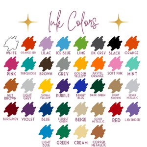 May include: A chart showing 25 different ink colors, including white, orange red, lilac, ice blue, lime, dark grey, black, orange, pink, turquoise, brown, grey, golden yellow, pastel orange, soft pink, mint, nut brown, light grey, signal yellow, purple, bright blue, dark green, light brown, silver metallic, burgundy, violet, blue, forest green, beige, gold metallic, red, lavender, light blue, green, cream, and copper metallic.