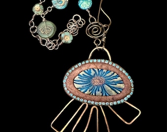 Copper Blue Wired Flower Polymer Clay Mixed Media Necklace