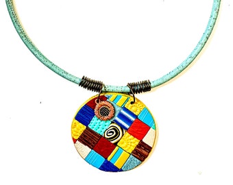 Summer Patchwork Quilt Polymer Clay/Mixed Media Necklace