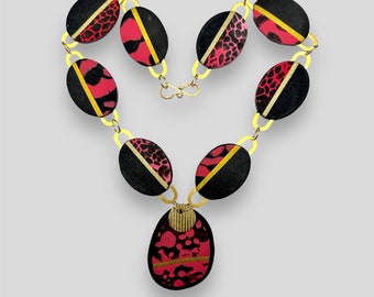 Pink, Red, Black, and Gold Animal Print Polymer Clay Pendant Necklace