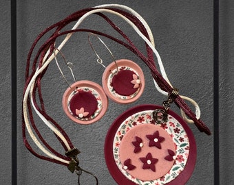 In the Pinks Polymer Clay Mixed Media Necklace and Earrings Set