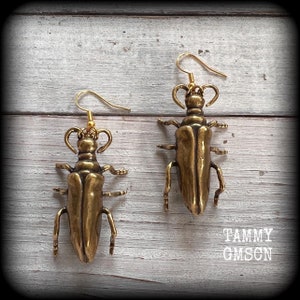 May include: A pair of gold-toned beetle earrings. The earrings are made of metal and have a detailed design. The earrings are hanging from gold hooks.