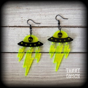 UFO earrings Alien earrings alien abduction Spaceship earrings Science MCM Mid century modern Gauged earrings 14g 12g 10g 8g 6g 4g 2g 0g 00g