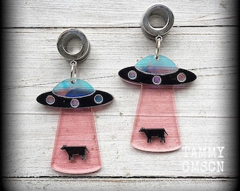 UFO tunnel earrings Tunnel dangles Alien UFO earrings 00 gauge tunnels 10mm plugs Stretched lobes Gauged earrings 2g 0g 00g 12mm 14mm 16mm