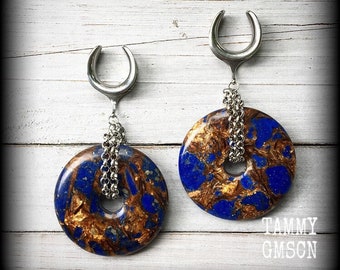 ラピスラズリとブロンズ石のイヤリングハンガー 宝石の耳飾り 7/8インチ 耳飾り 22 mm ゲージ付きイヤリング 6g 2g 0g 00g 1/2” 9/16” 5/8” 3/4” 1” 1.10”