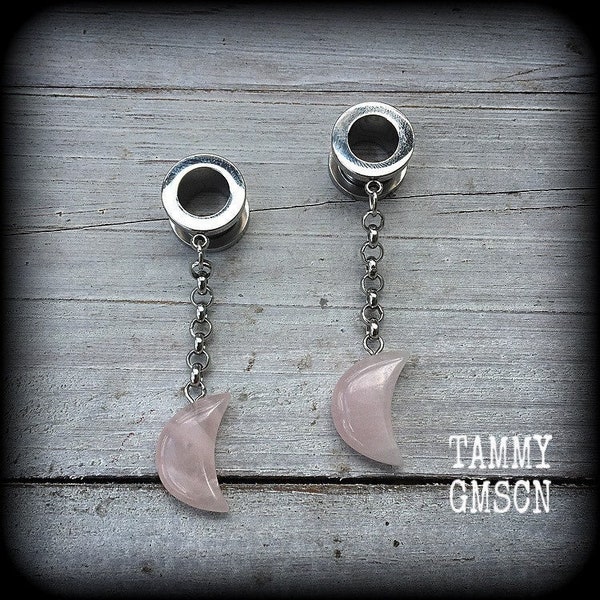 Rose quartz crescent moon tunnel earrings 00 gauge tunnels Gemstone tunnels Body jewelry Gauges Gauged earrings 6mm 8mm 10mm 12mm 14mm 16mm