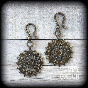 Mandala earrings 2 gauge earrings 6mm bronze ear hangers Geometric earrings Body jewelry Tunnels Plugs Gauges 14g 12g 10g 8g 6g 4g 2g 0g 00g